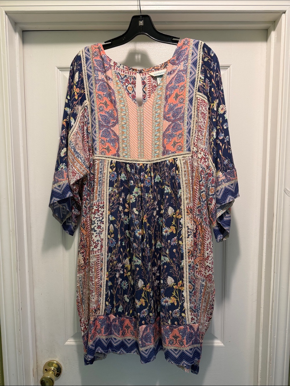 Sundance Boho Patchwork Floral Tunic Dress Crochet Trim PXL - Picture 2 of 5